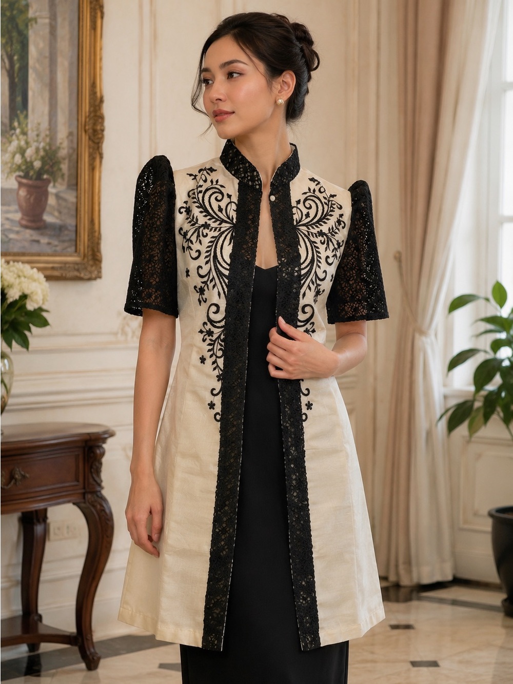 Filipiniana Long Bolero Ivory and Black Embroidered Long Vest